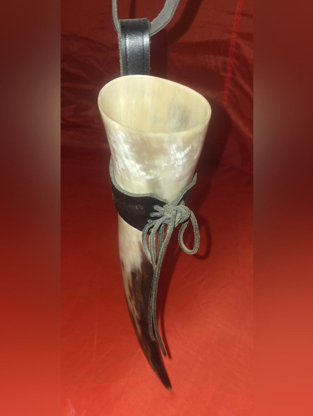 Medieval Renaissance Handcrafted Horn Drinking Vessel with Black Suede Tie
